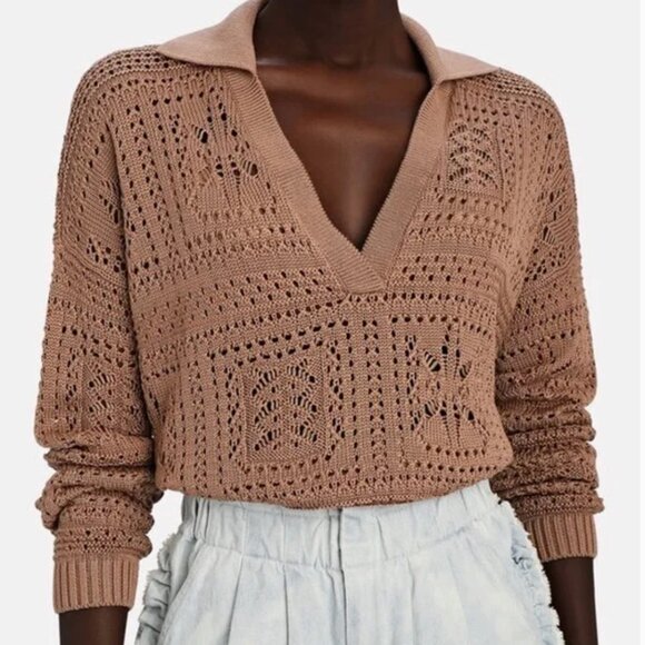 INTERMIX Sweaters - INTERMIX Suki Pointelle Knit Polo Sweater in Tan S